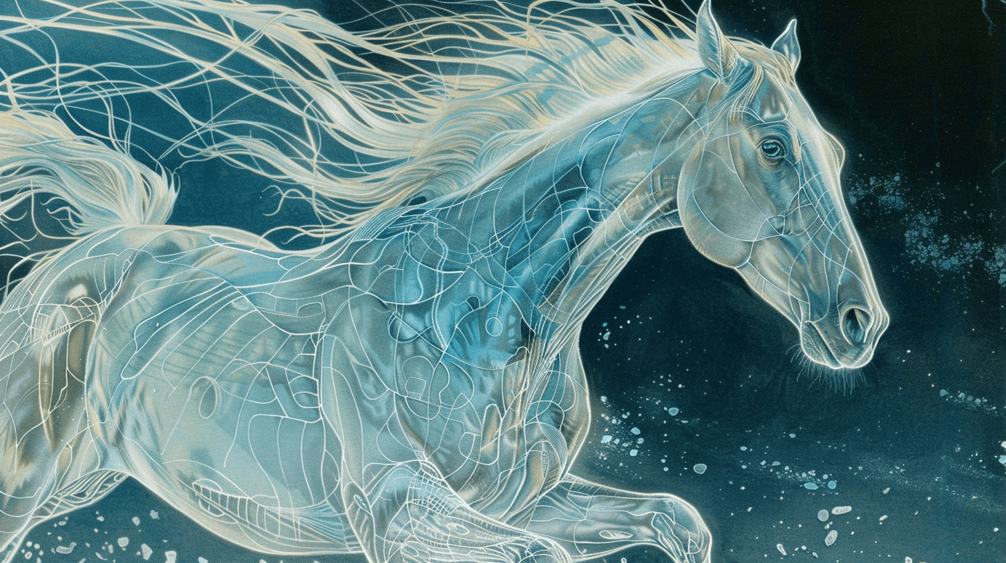 a mythical horse flying in a space.