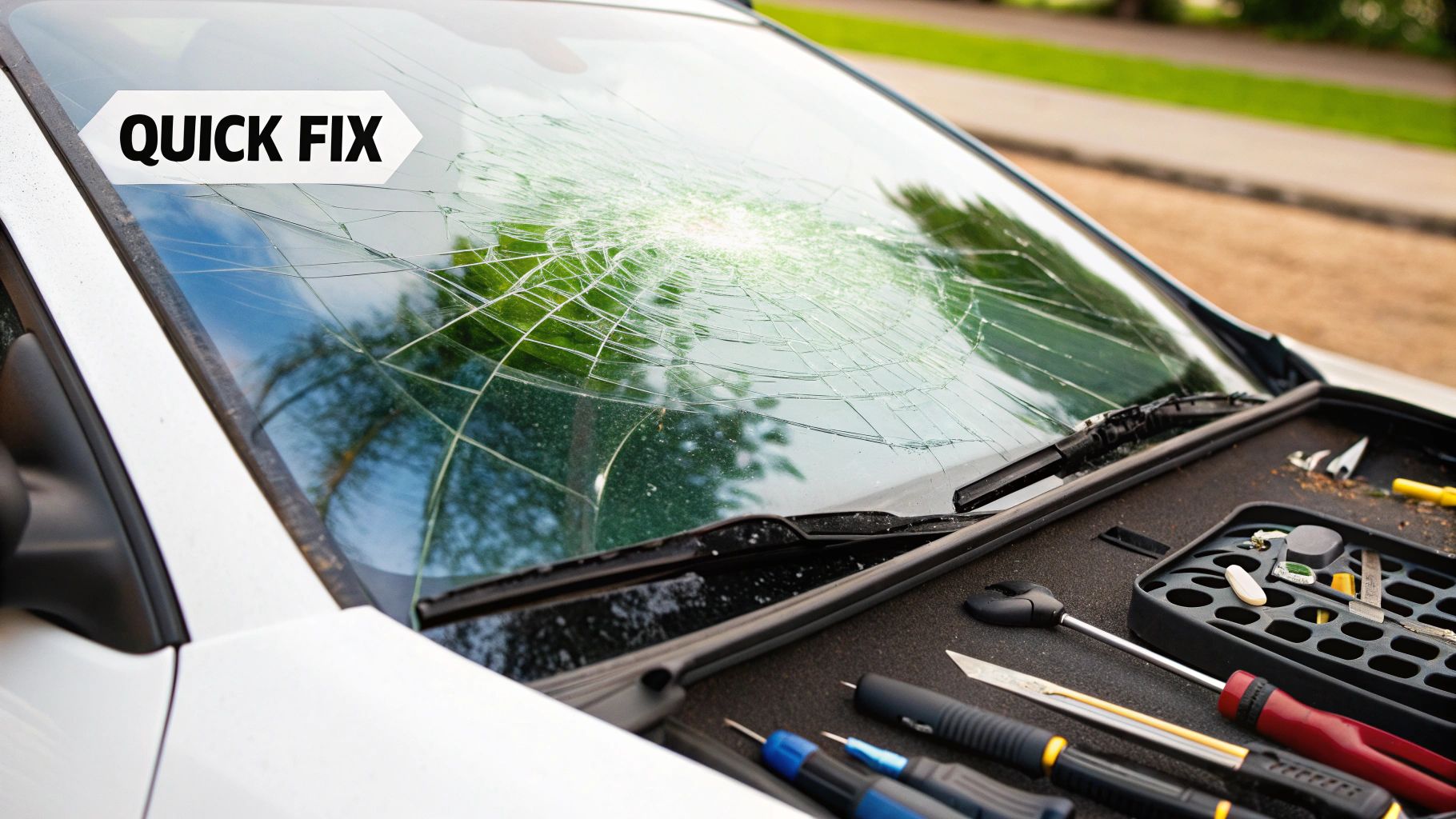 A technician working on ADAS calibration for a vehicle's windshield.