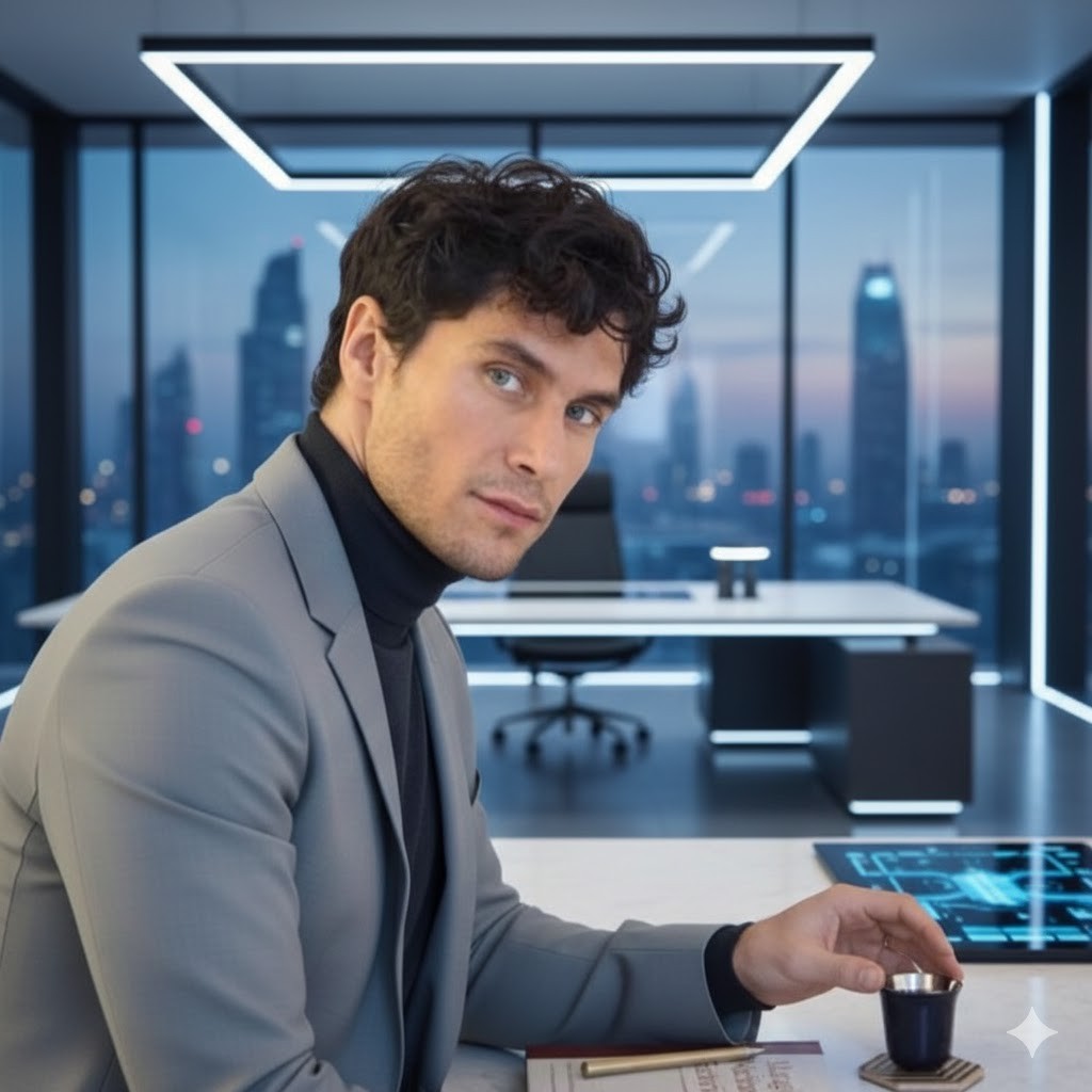 Portrait of a man with short dark hair and a trimmed beard, dressed in a dark shirt, on a simple background.