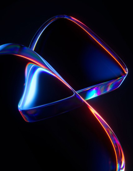 네온 빛이 반사되는 유리 재질의 곡선 오브젝트가 교차된 3D 그래픽