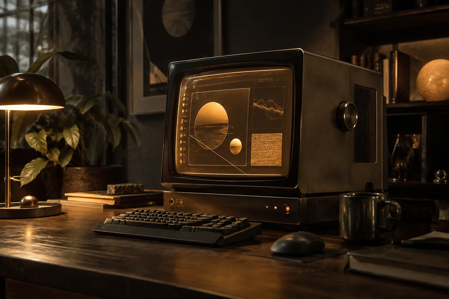 An original imaginary retro-futurist desktop computer with amber monochrome abstract window interface in a dark warm studio