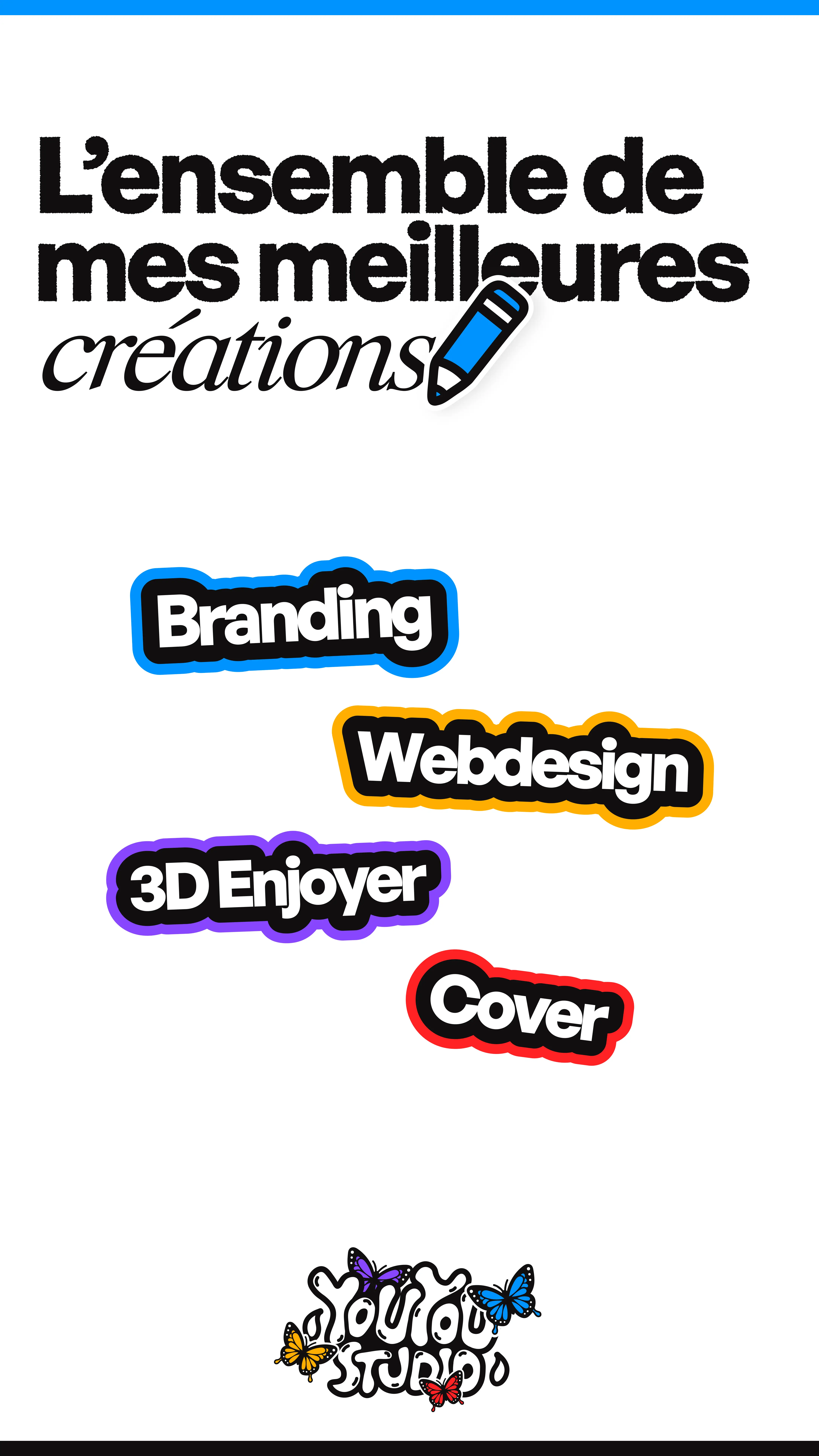 Design story Instagram format vertical avec titre L'ensemble de mes meilleures créations et quatre badges de services colorés : Branding bleu, Webdesign orange, 3D Enjoyer violet, Cover rouge
