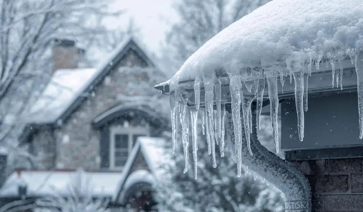 Icicles and heavy snow on a residential roof in Naperville, showing signs of winter roof maintenance issues and ice dam risk