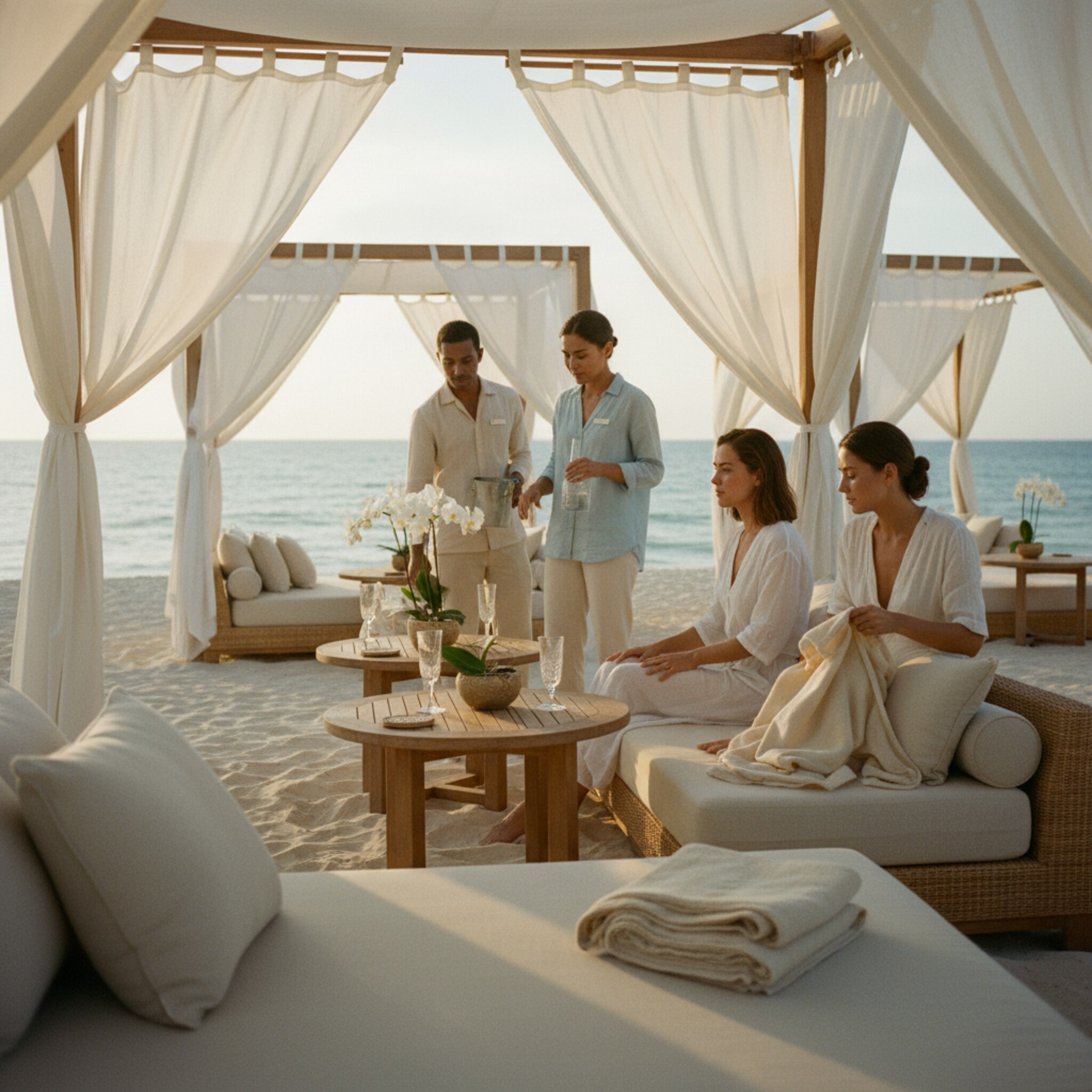 Eine elegante Strandlounge mit Cabanas, in der ein Serviceteam stilvoll eine gekühlte Flasche und Gläser bereitstellt. Gäste richten Kissen und Handtücher, die Abendsonne taucht alles in warmes Licht. Die Szene suggeriert Wertschöpfung pro Platz, ohne jede Hektik oder Technik im Bild.