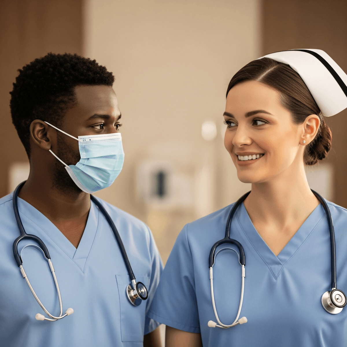 Two healthcare professionals in blue scrubs, one wearing a mask, share a friendly moment in a medical setting.