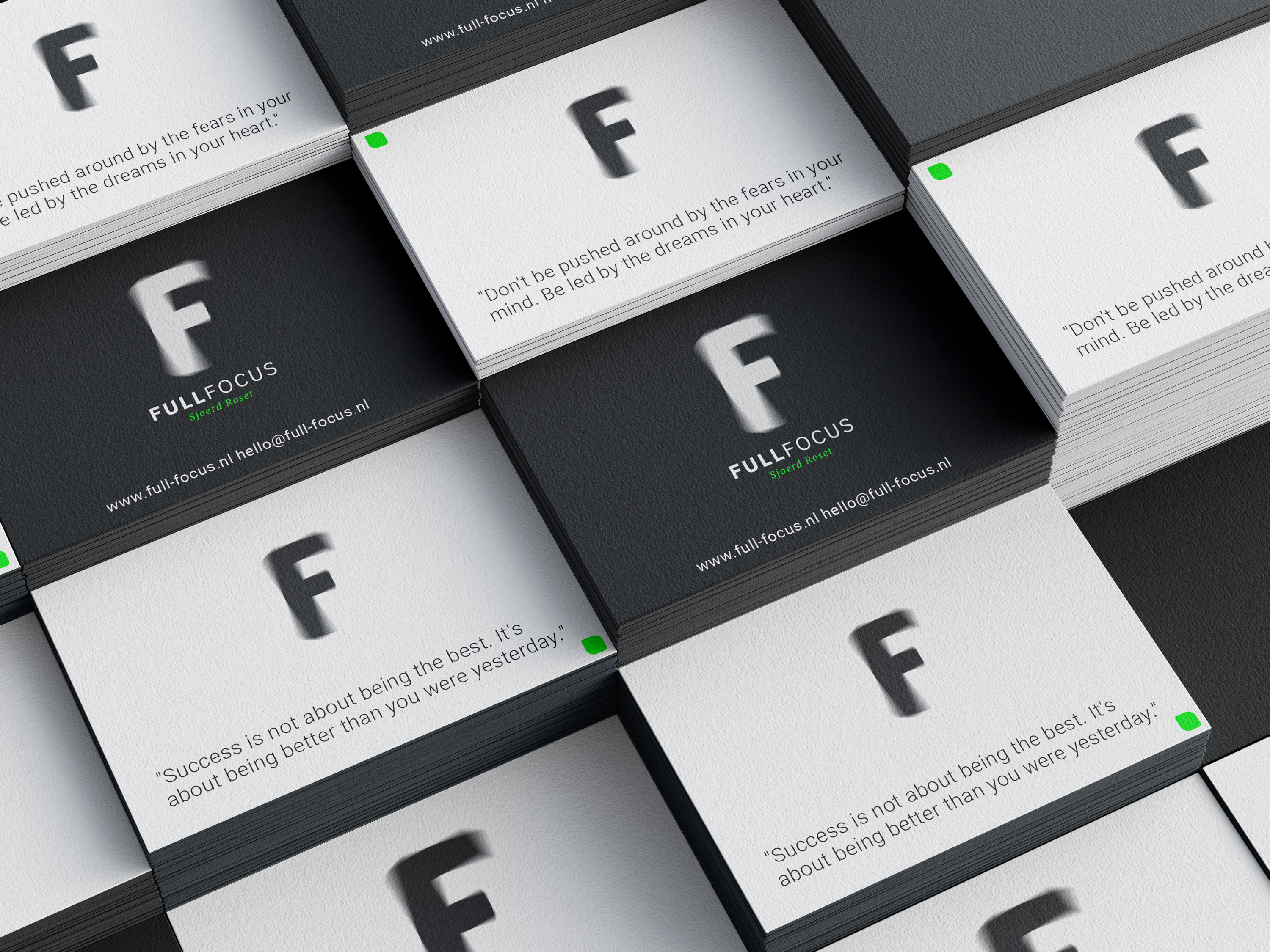 Business cards for Full Focus in white and black