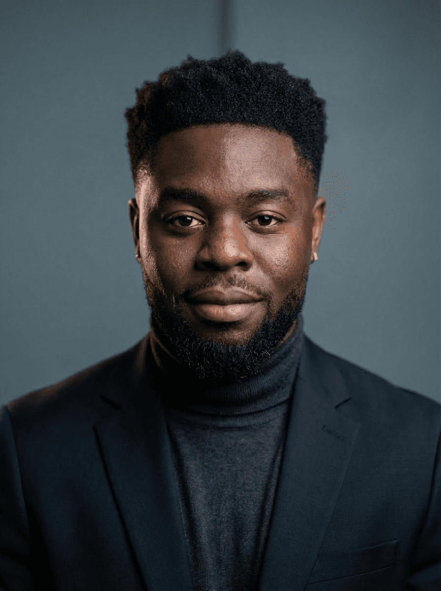 Portrait of a young man with short hair, wearing a dark t-shirt, against a plain background.