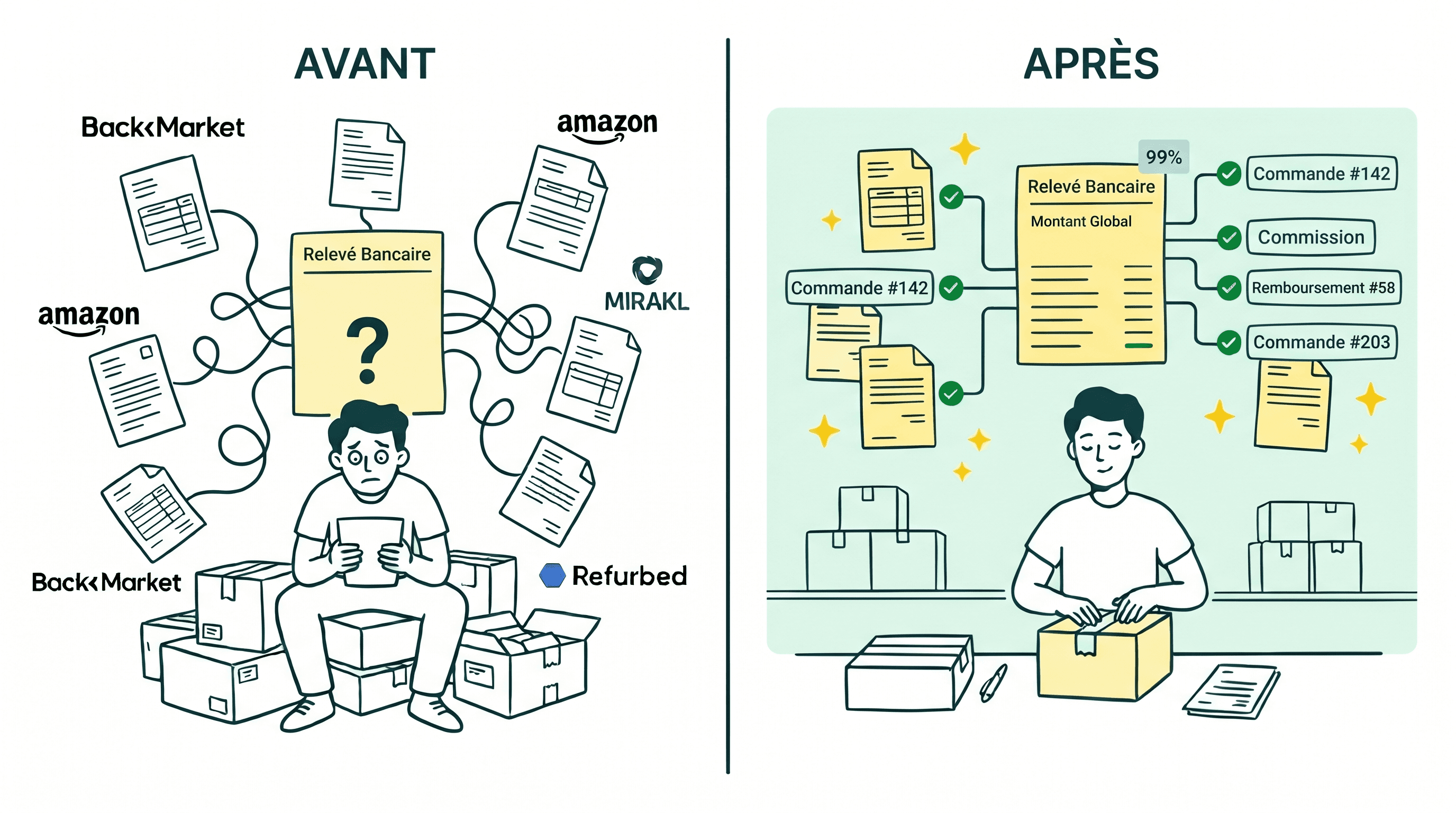 Avant/après d'une agence marketing : à gauche un fondateur stressé noyé sous les factures fournisseurs, à droite les factures sont rattachées à chaque client et les paiements rentrent