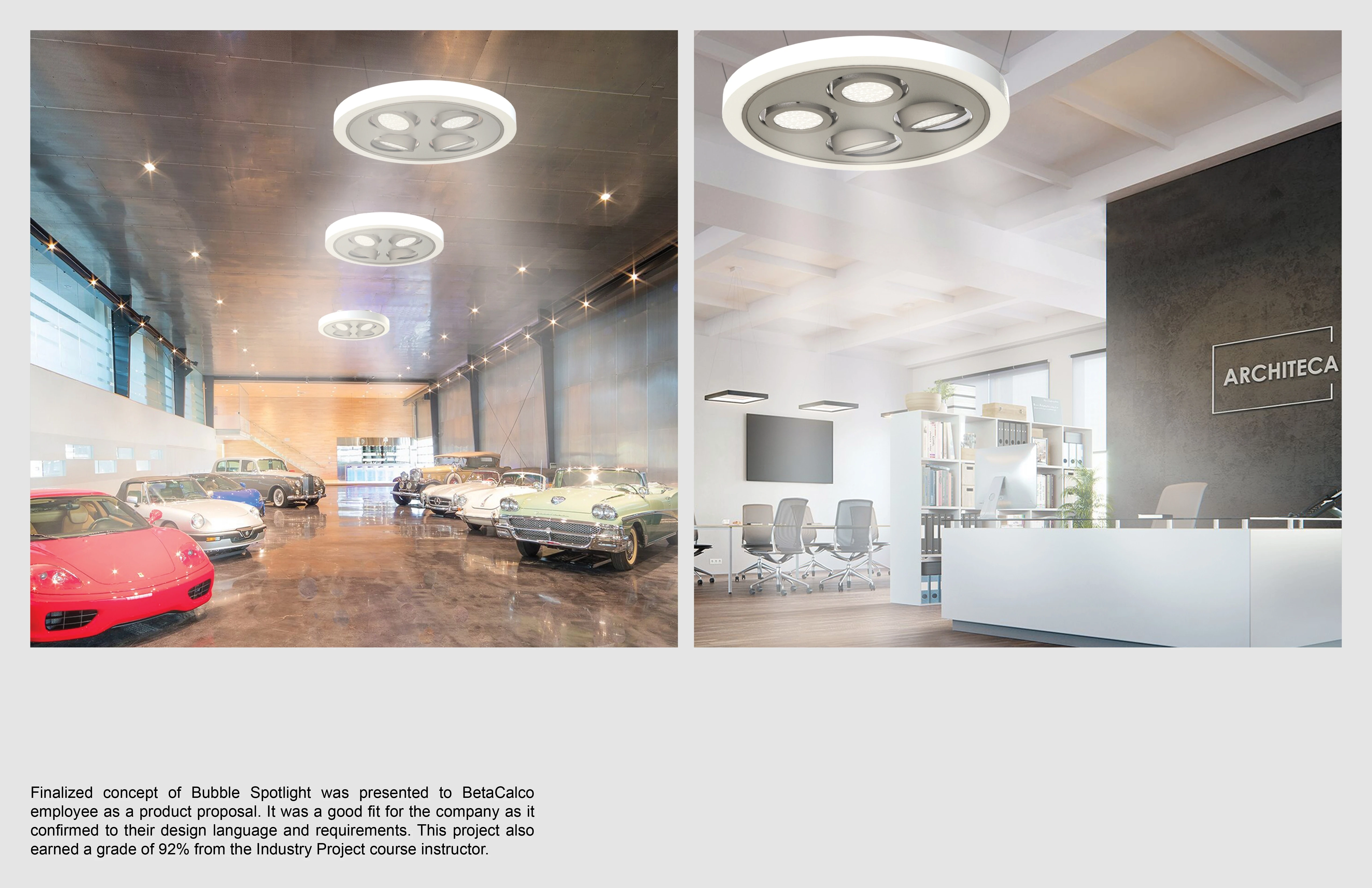 Images of the light fixture being used at a car show and in an office.
