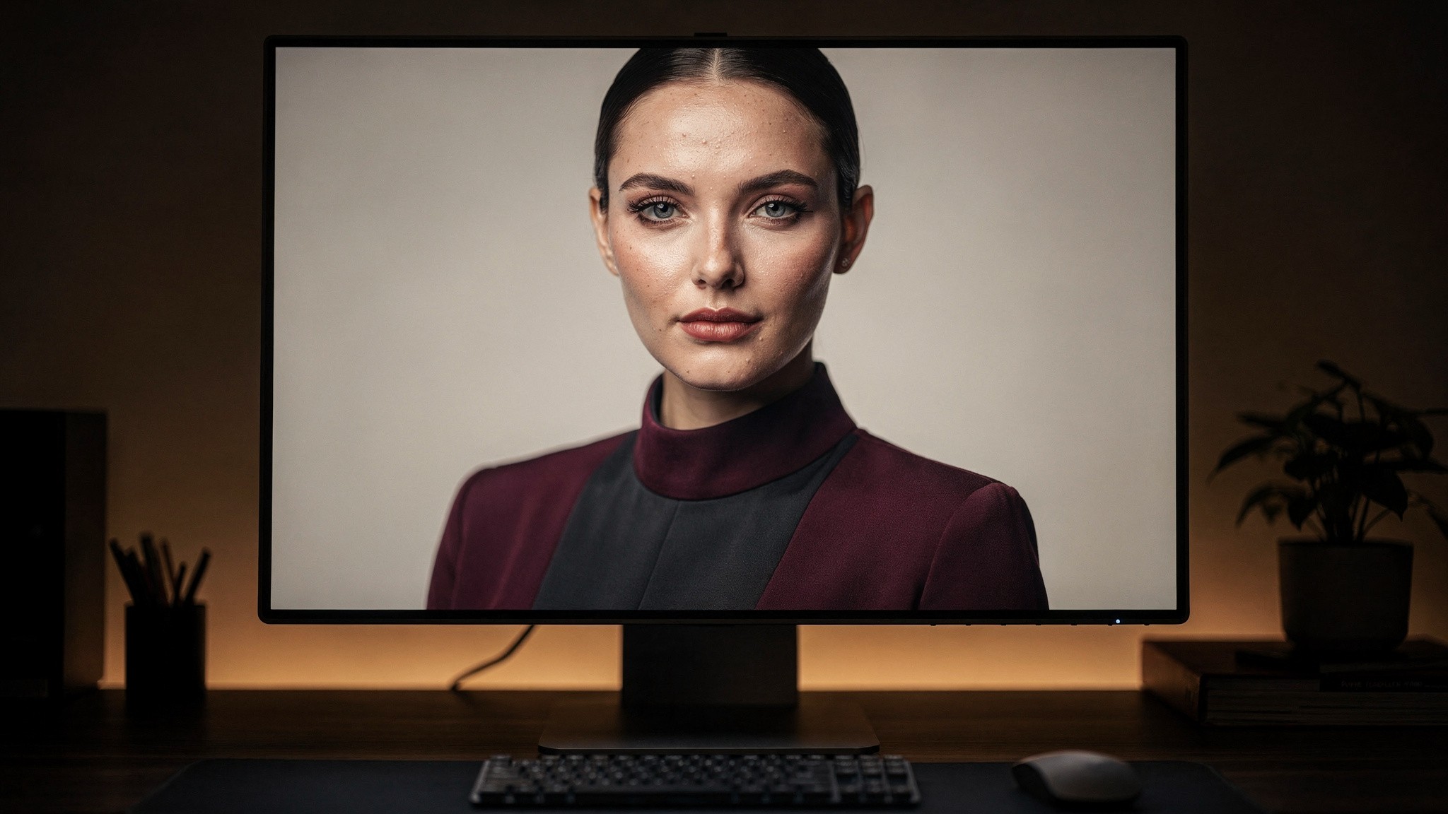 AI influencer character shown as one consistent portrait on a studio monitor, ai model generator consistency
