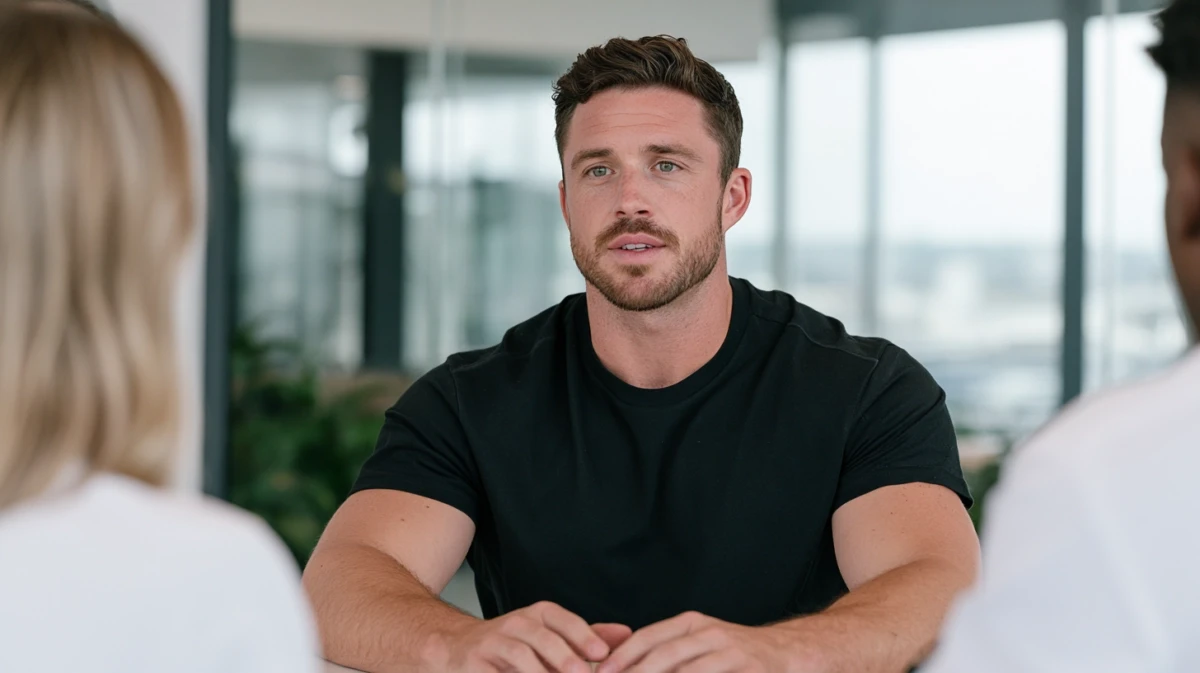 A man leaning back at a meeting table with a distant gaze.