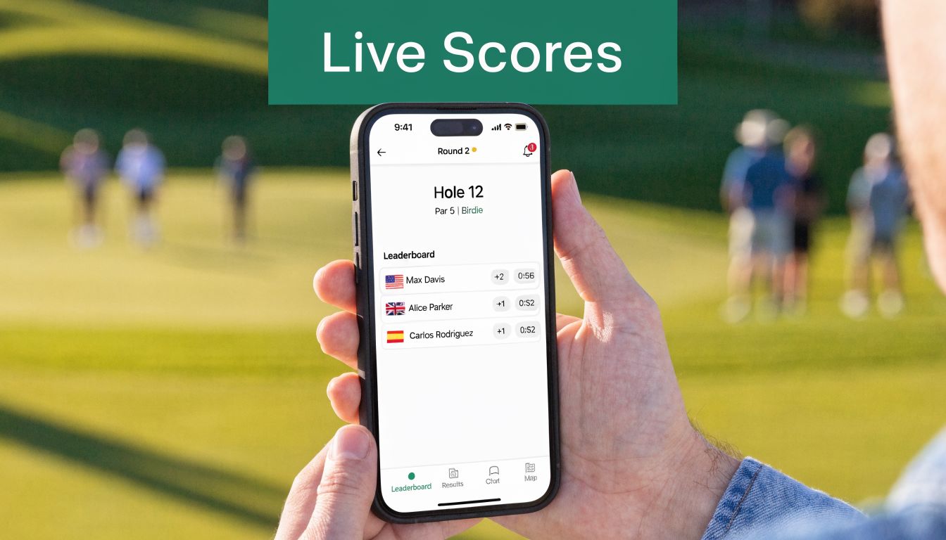 A person holding a smartphone showing live golf leaderboard scores on a grassy golf course background.