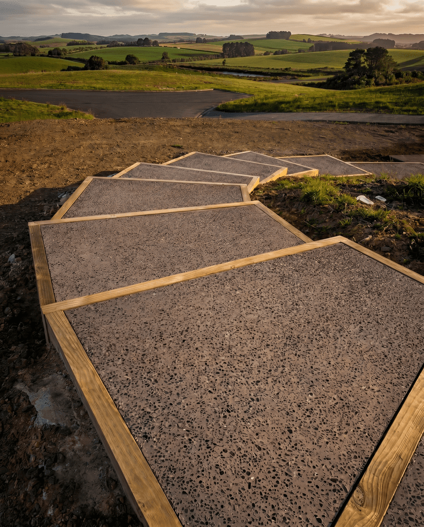 Exposed aggregate concrete slabs with timber borders, Auckland