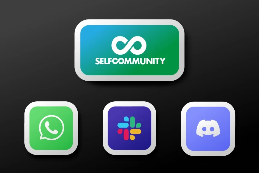 3D graphic on a dark background featuring the SelfCommunity logo at the top center, alongside WhatsApp, Slack, and Discord icons at the bottom. The image highlights how messaging and collaboration tools cannot replace a true owned brand community.