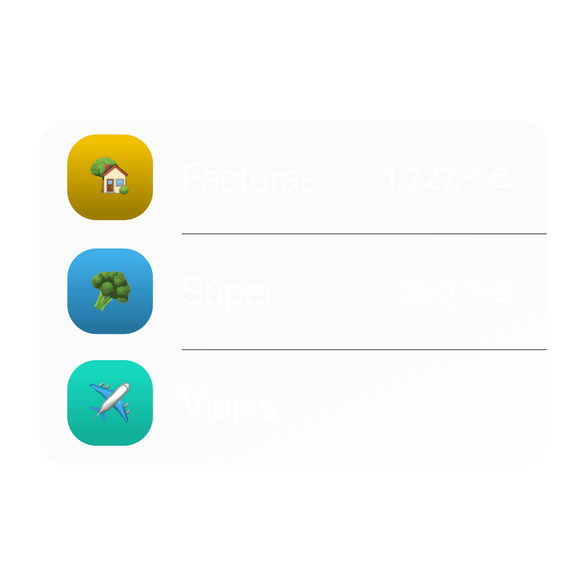 Cuadrícula de coloridas tarjetas de categorías con iconos y montos para presupuestos o transacciones.