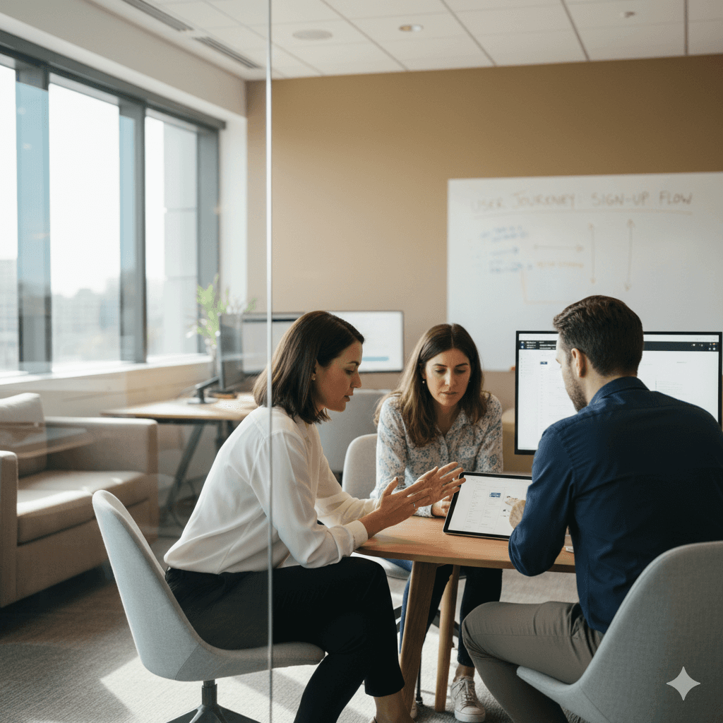 A diverse business team engaged in discussion around a conference table covered with data reports and charts. Multiple pie charts and bar graphs labeled "Customer Data" are visible as team members use hand gestures while communicating. The bright meeting room has large windows and modern office furniture.