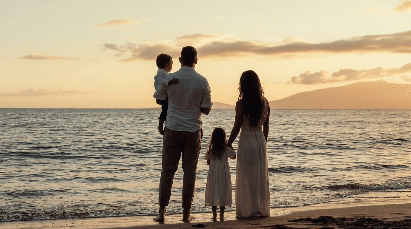 Familie am Strand bei Sonnenuntergang – Symbolbild für privaten Versicherungsschutz und Lebensphasen