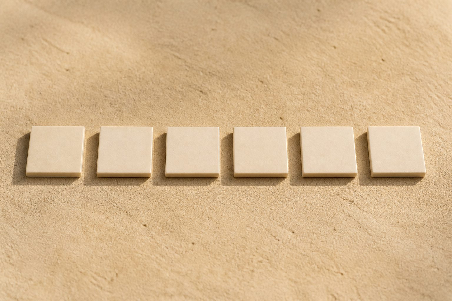 Six identical cream tiles in a row casting parallel shadows