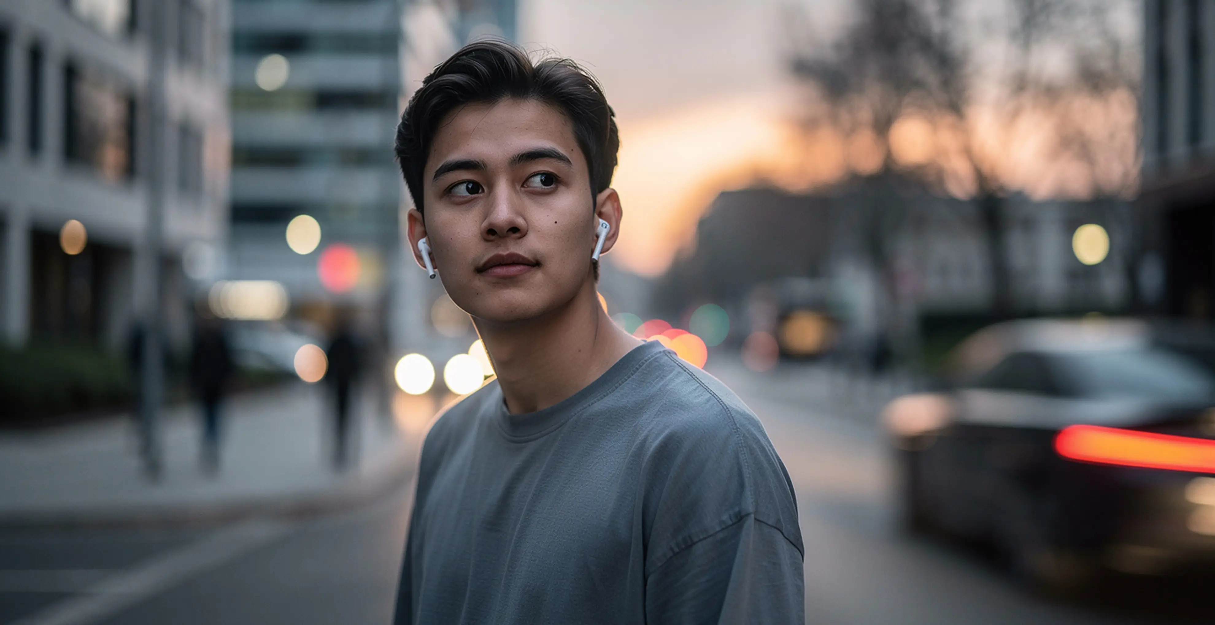 Person wearing earbuds standing on a city street at dusk, with traffic lights blurred in the background