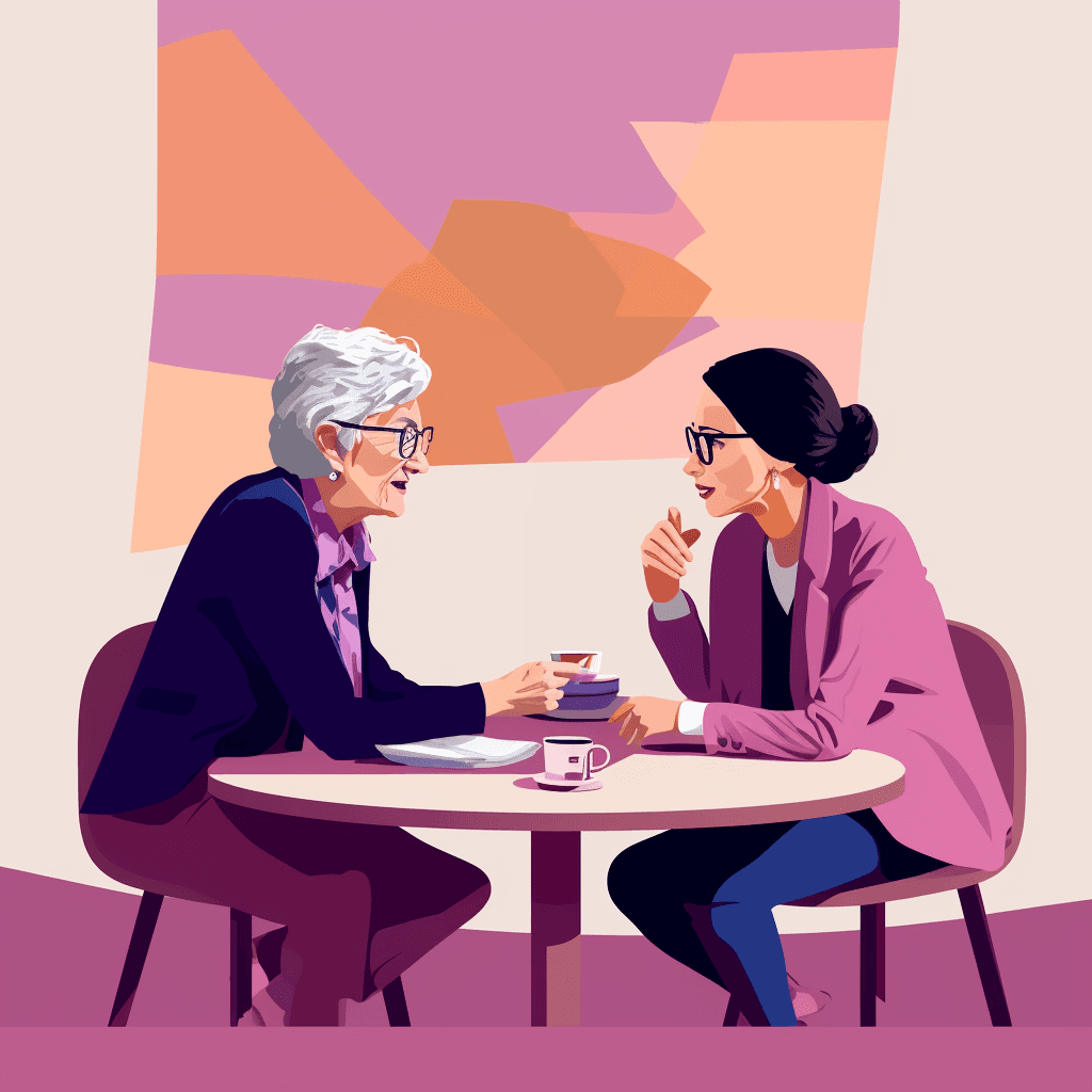 An elderly woman and a young lady having a conversation over a cup of coffee.