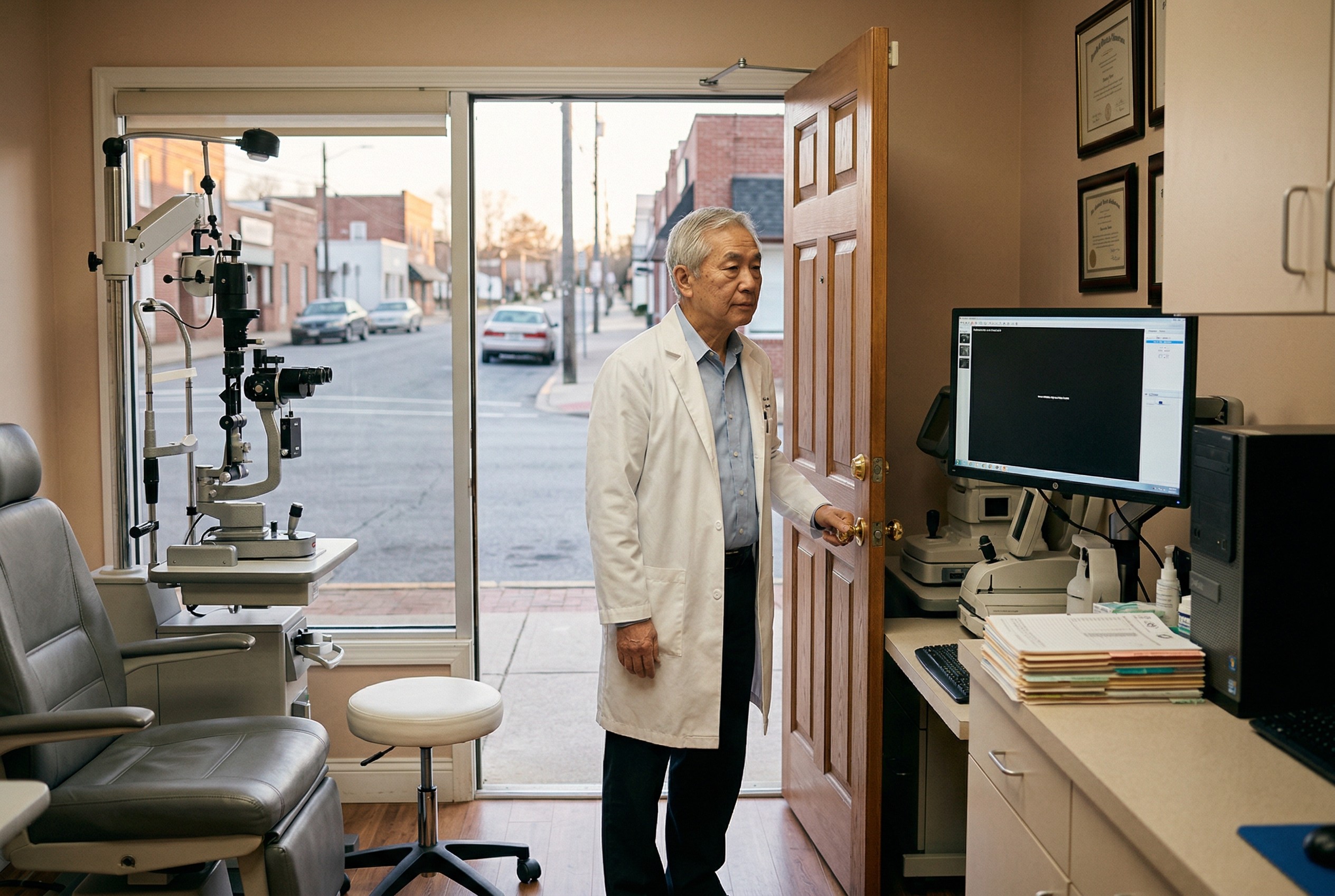 Older ophthalmologist standing in practice doorway looking out at empty street waiting for a successor physician
