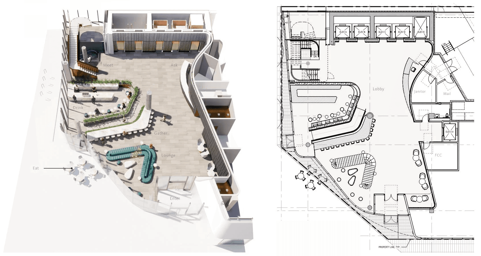 A rendered aerial perspective of the lobby 3D model alongside the corresponding floor plan, showcasing a landscape-lined ramp and an integrated coffee shop designed as a vibrant community hub.