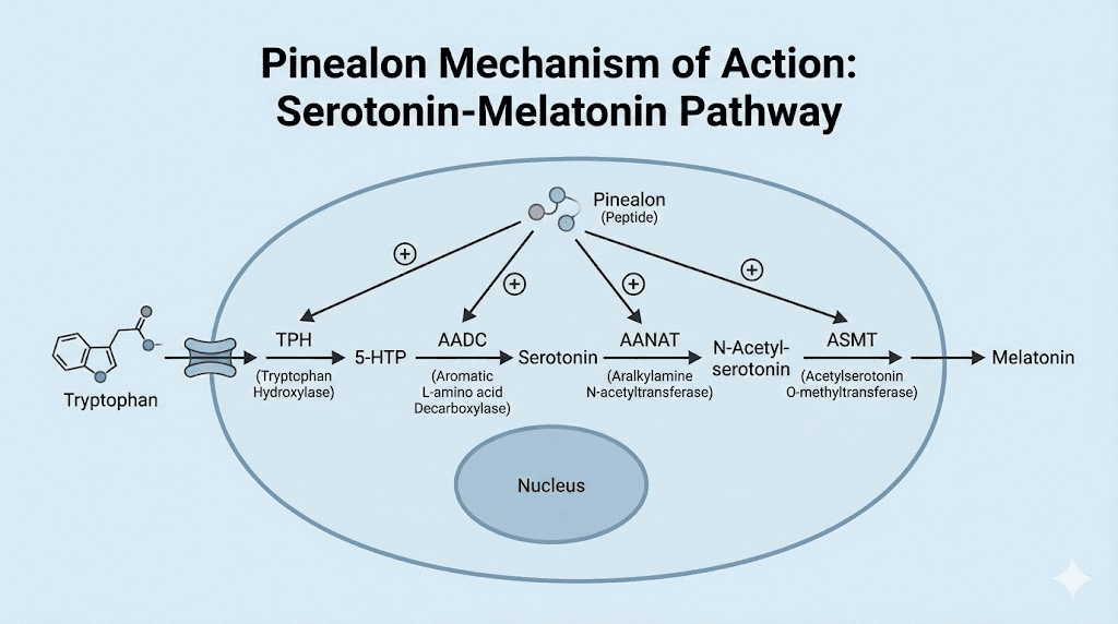 Pinealon peptide mechanism supporting serotonin and melatonin production for sleep