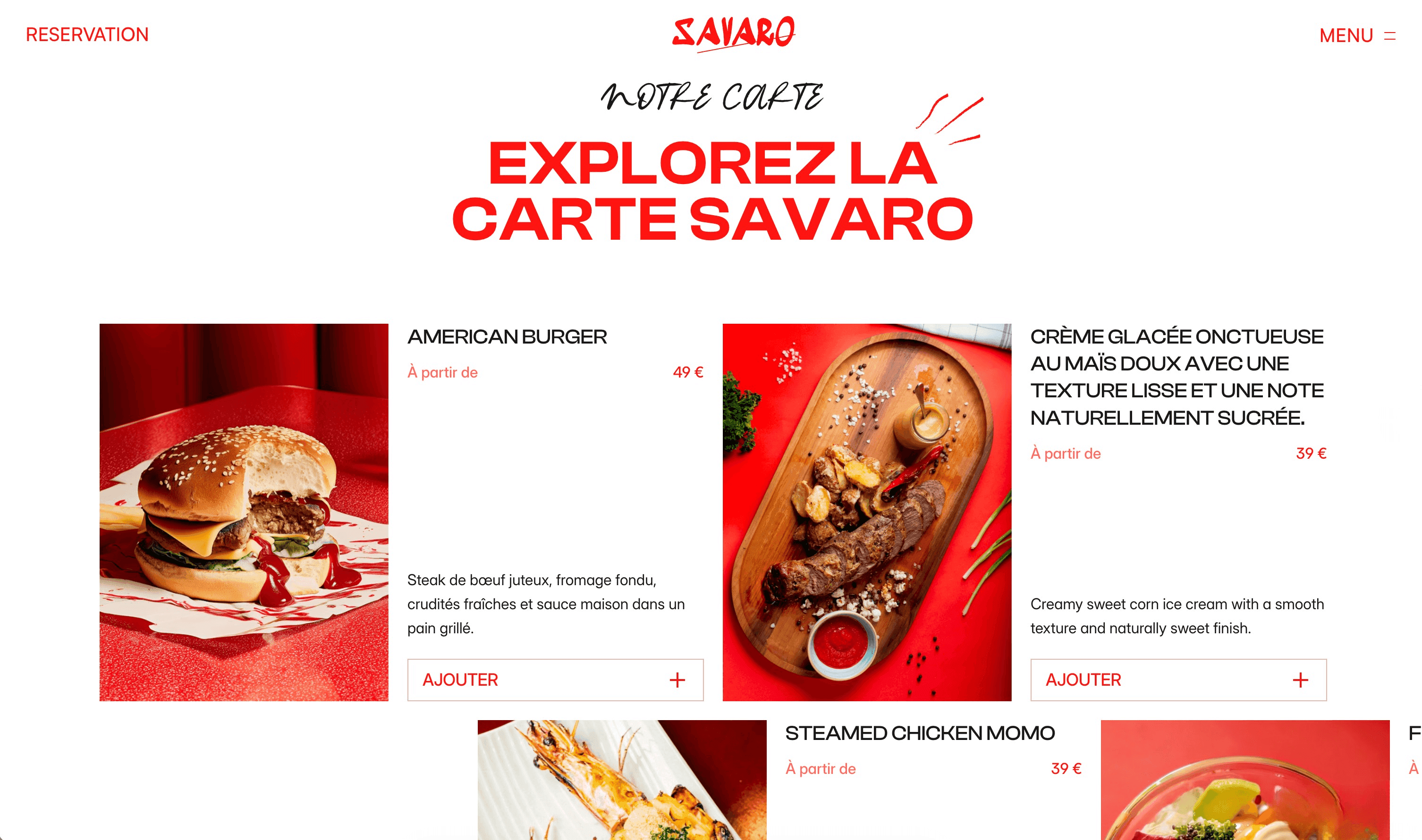 Conception visuelle de la section menu et carte en ligne pour le projet de site de restaurant Savaro par Ayoub Chouaf.