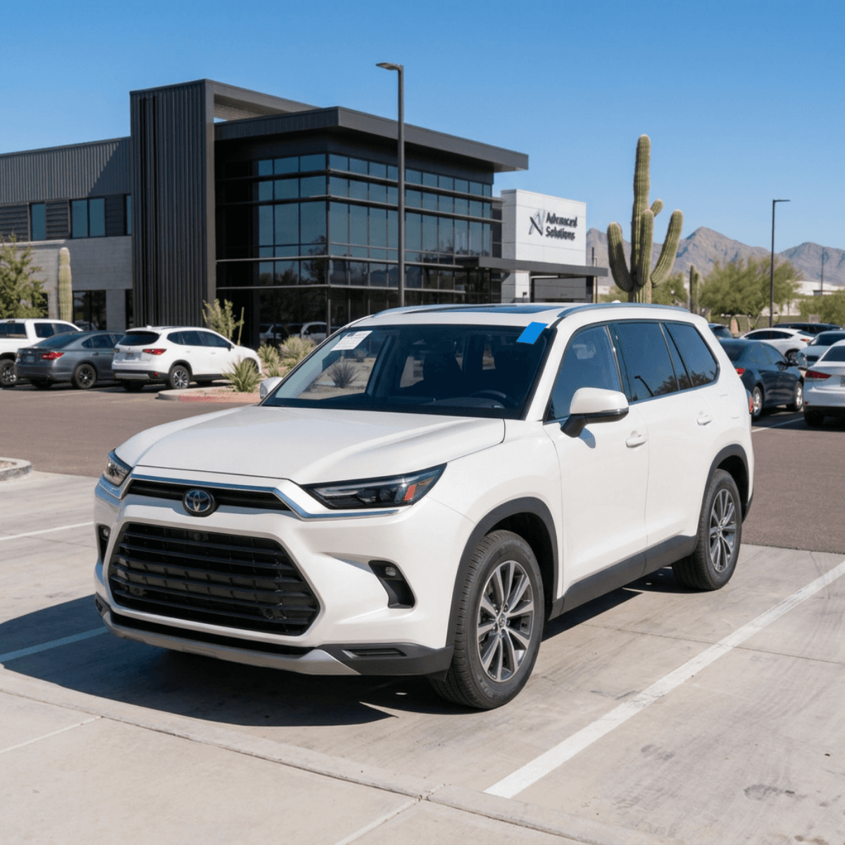 White Toyota Highlander with a newly installed windshield at a dealership lot in Casa Grande, AZ