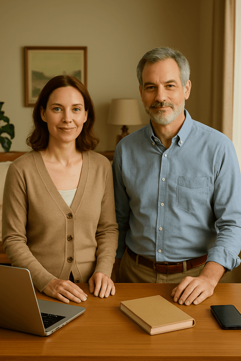 Man and woman standing together at a desk with a laptop and notebooks, smiling at the camera.