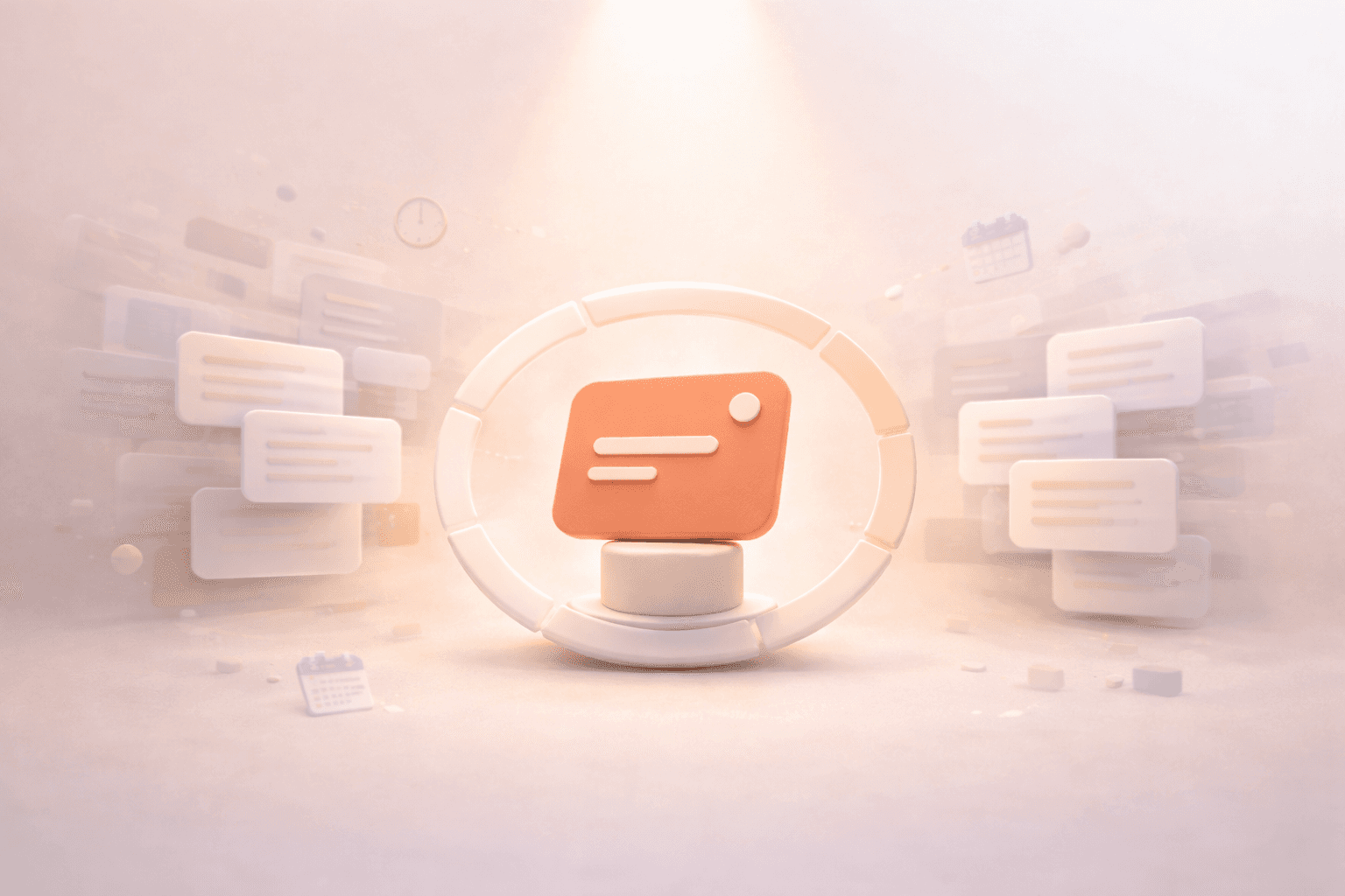 Minimalistische 3D-Illustration mit einer korallorangefarbenen Aufgabenkarte im Zentrum, die von einem halbkreisförmigen Schutzring umgeben ist. Von beiden Seiten nähern sich mehrere transparente Meeting- und Kalenderkarten und überlappen sich teilweise, während einige im warmen cremebeigen Hintergrund verblassen. Kleine Uhr-, Kalender- und Chat-Symbole schweben dezent im Raum und symbolisieren Meeting-Overload und fragmentierte Arbeit, während die zentrale Karte unter einem weichen Licht stabil und fokussiert bleibt.
