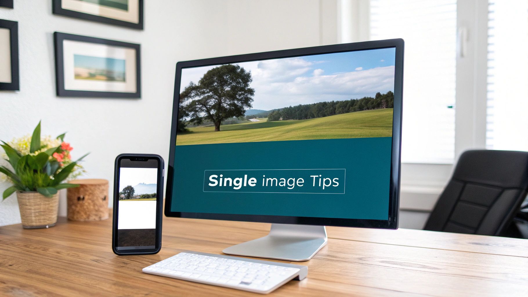 A workspace featuring a computer monitor displaying 'Single image Tips' and a landscape, alongside a smartphone, keyboard, and plant.