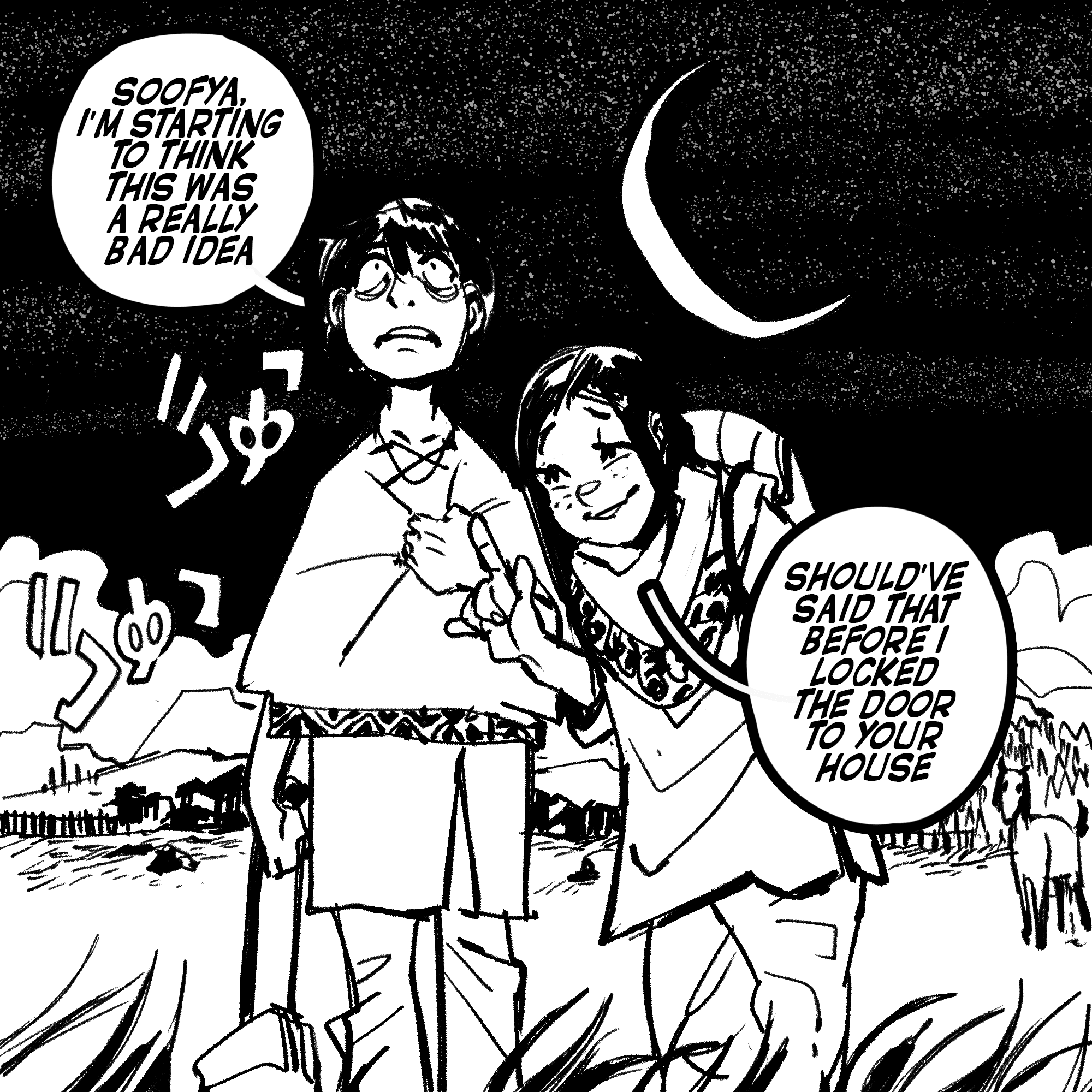 manga style illustration of a young boy and a girl in a village about to embark on a journey. The boy has an expression of anxiety, while the girl has a teasing expression and pose over his cowardice.