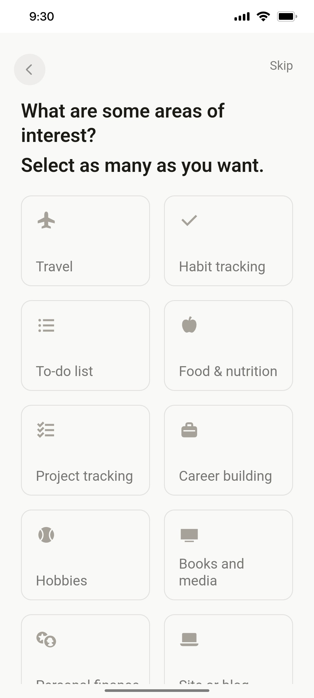 Notion App  Select many Interest Screen