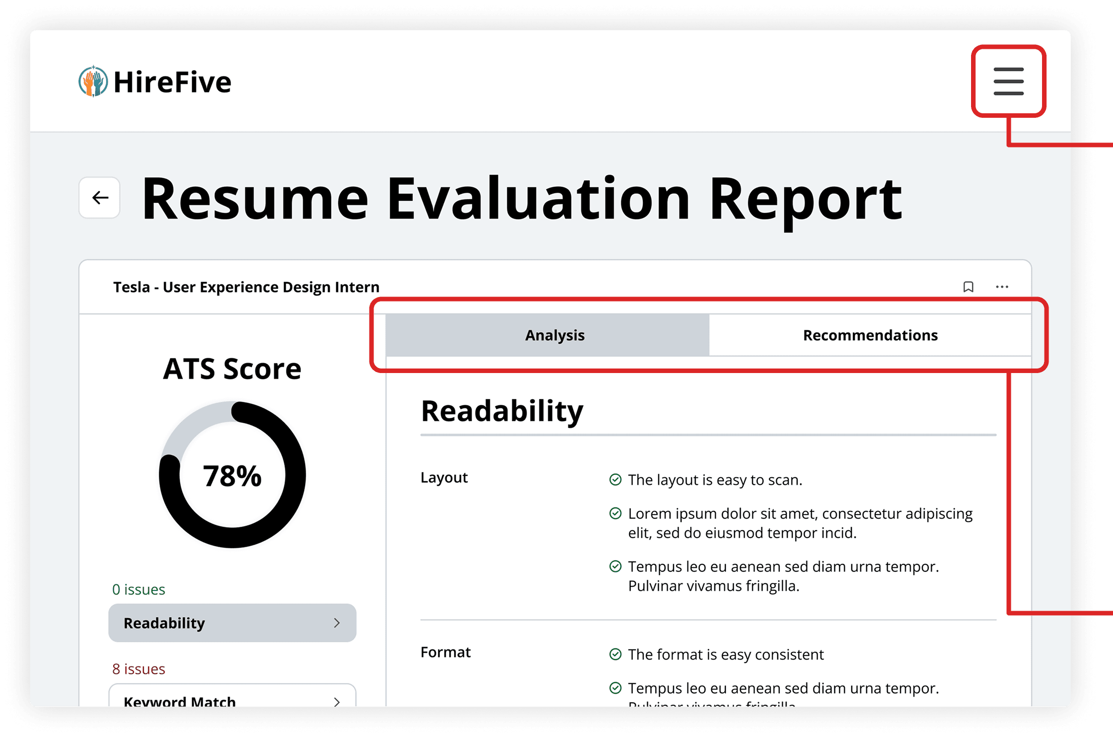 A UI screenshot of the HireFive Resume Checker interface, highlighting the issues of a desktop hamburger menu icon and the flat-styled Analysis and Recommendations tabs.