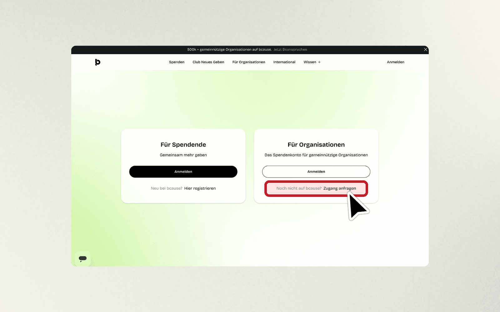Anmeldeseite von bcause mit markiertem Link „Zugang anfragen