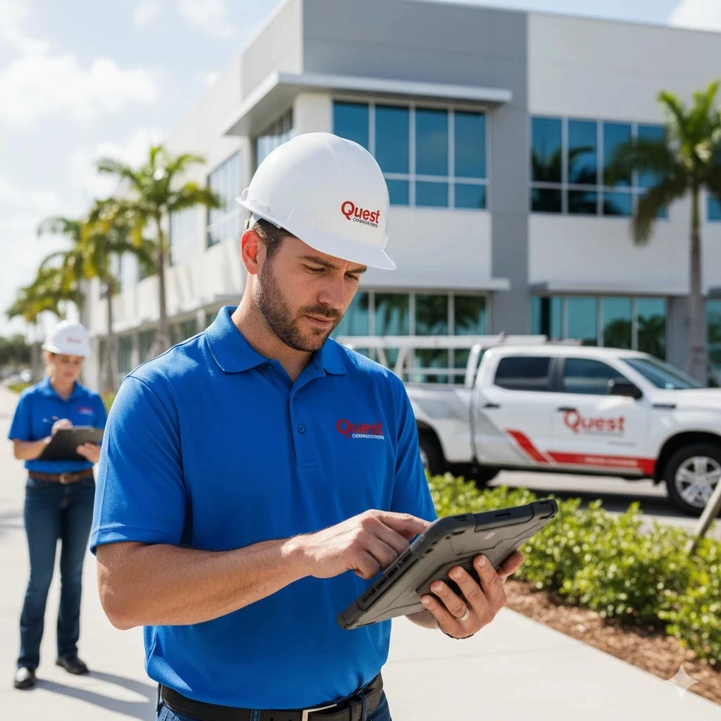South Florida commercial property manager reading an educational resource from Quest Construction