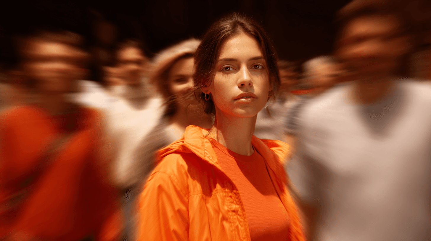 Orange jacket women standing street motion blur portrait