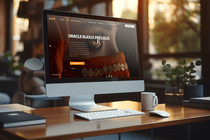 Mockup du site Oracle Bijoux Précieux affiché sur un iMac, montrant un visuel d’œil orné d’un voile rouge et de bijoux dorés.