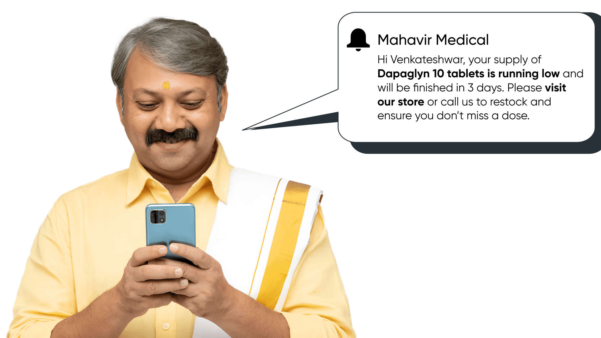 Pharmacy customer receiving medicine refill reminder on smartphone