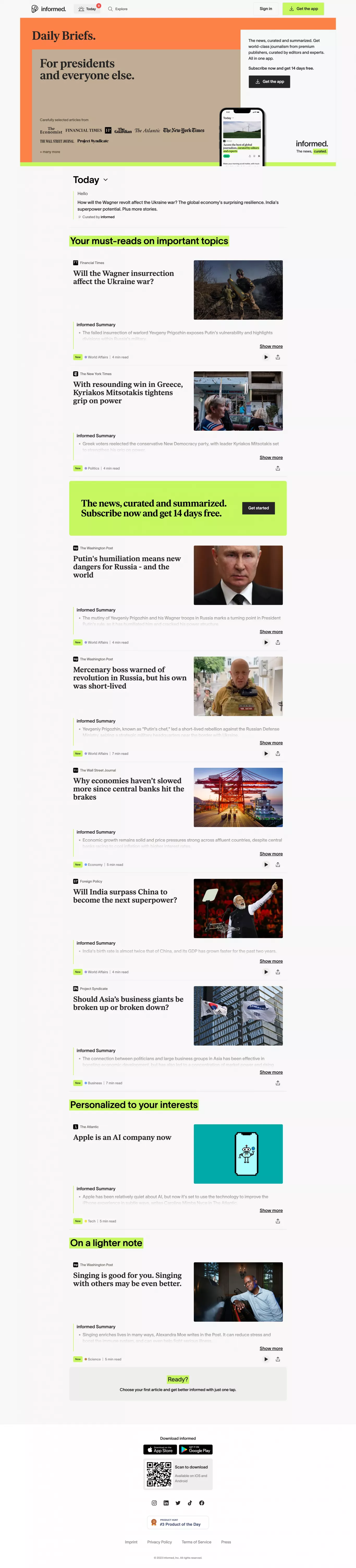Today's topics · informed landing page screenshot showcasing Tech and News design