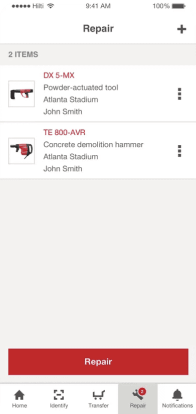 ON!Track - Mobile screenshot: Repair