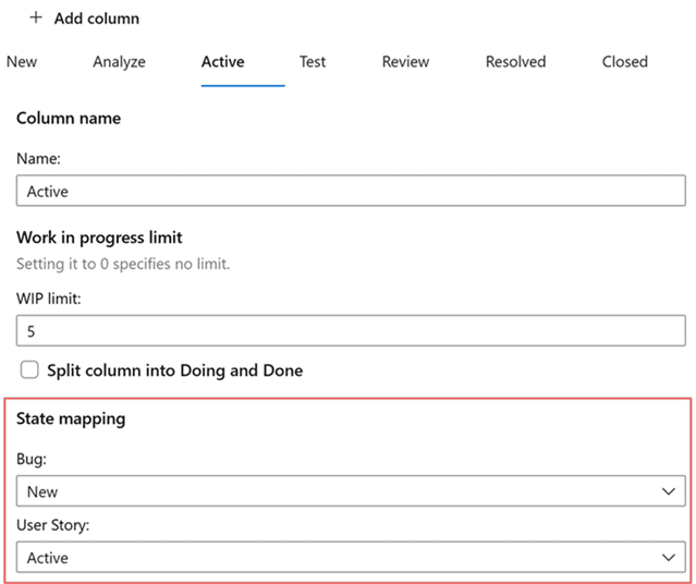 Azure Boards column settings showing the state mapping section for Bug and User Story