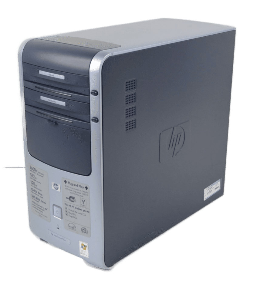 Gray HP desktop tower, a typical candidate for an SSD and memory upgrade instead of full replacement