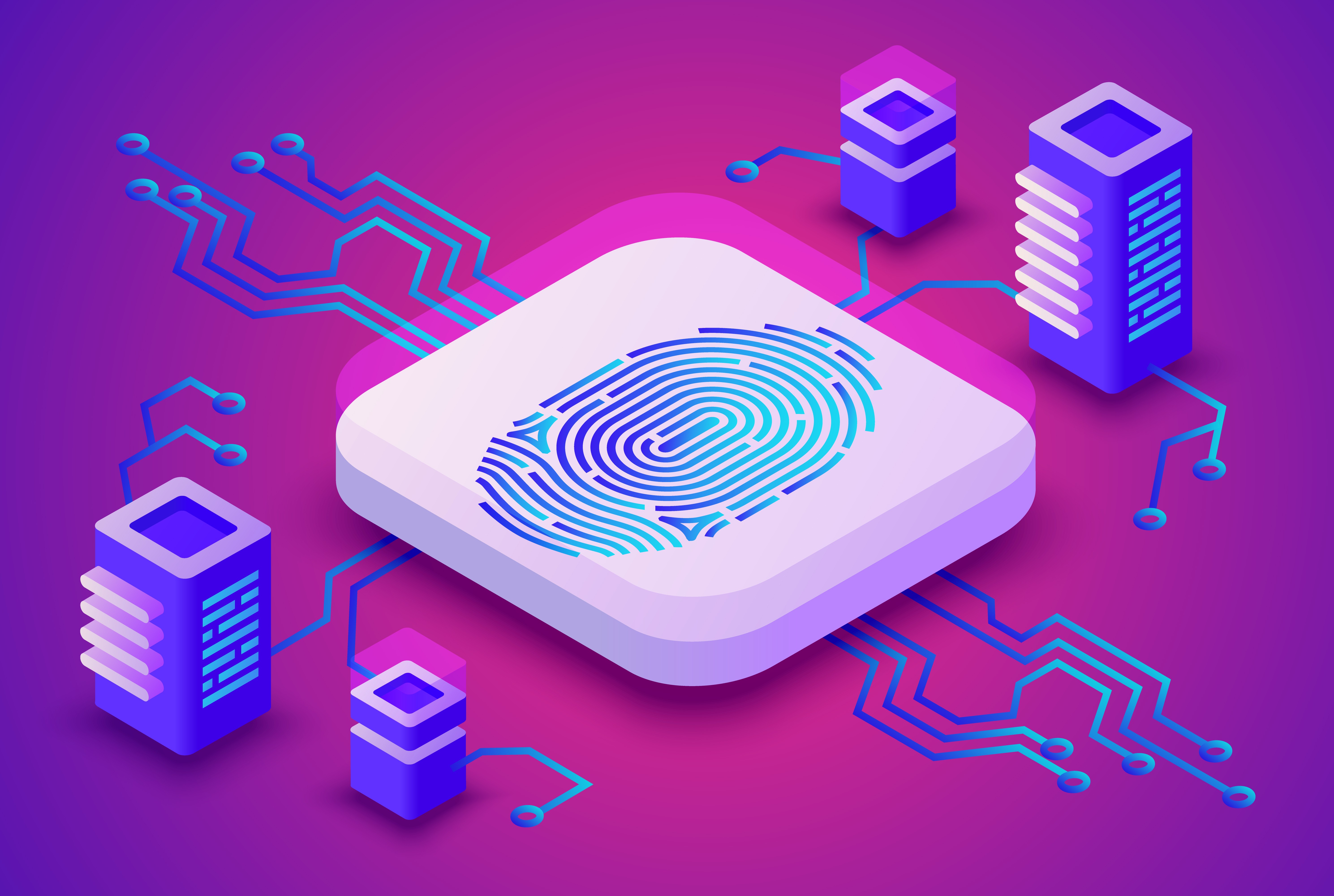 Biometrics blockchain technology illustration of digital fingerprint security for cryptocurrency