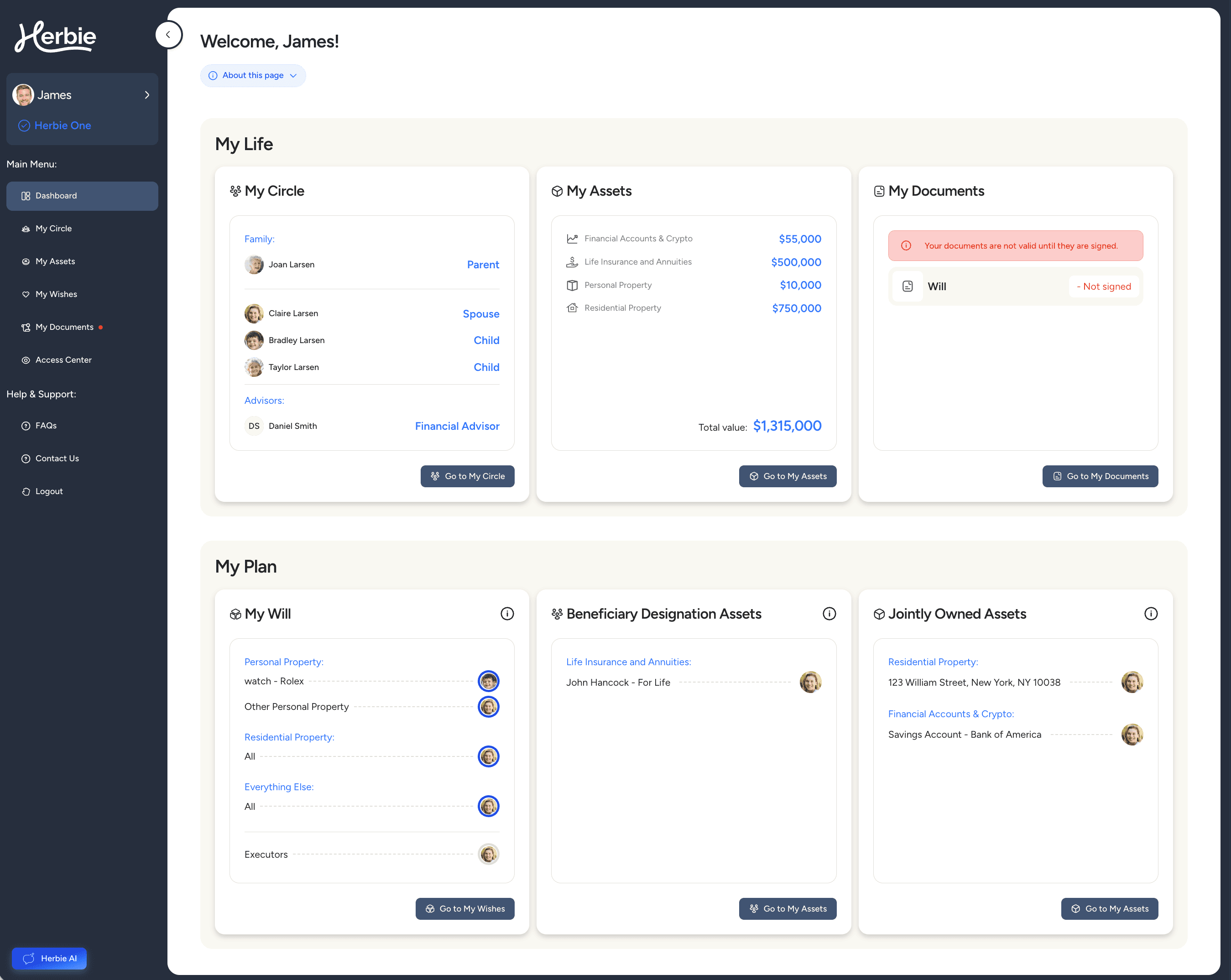 Dashboard of free Herbie online platform