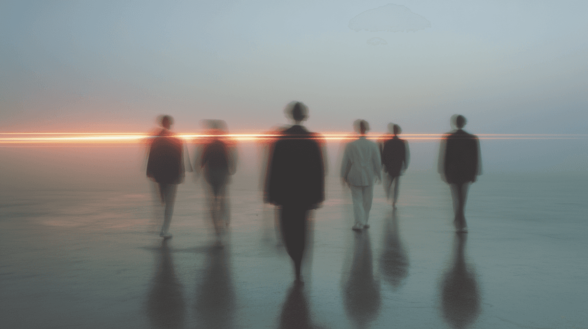 Cinematic group silhouettes in a misty landscape