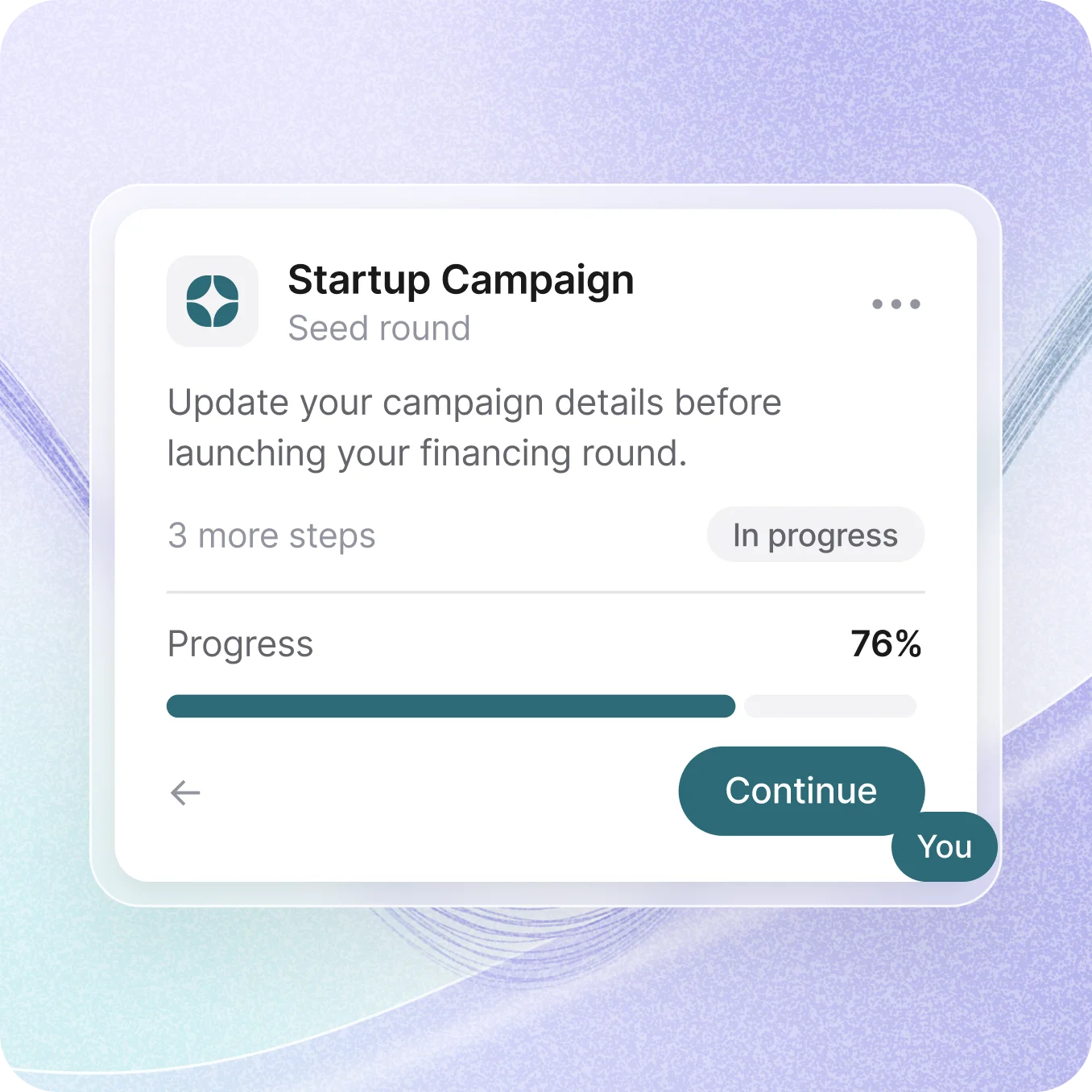 Laufende Startup-Kampagne für eine Seed-Runde, zu 76 % eingerichtet, mit drei offenen Schritten und einem Weiter-Button.
