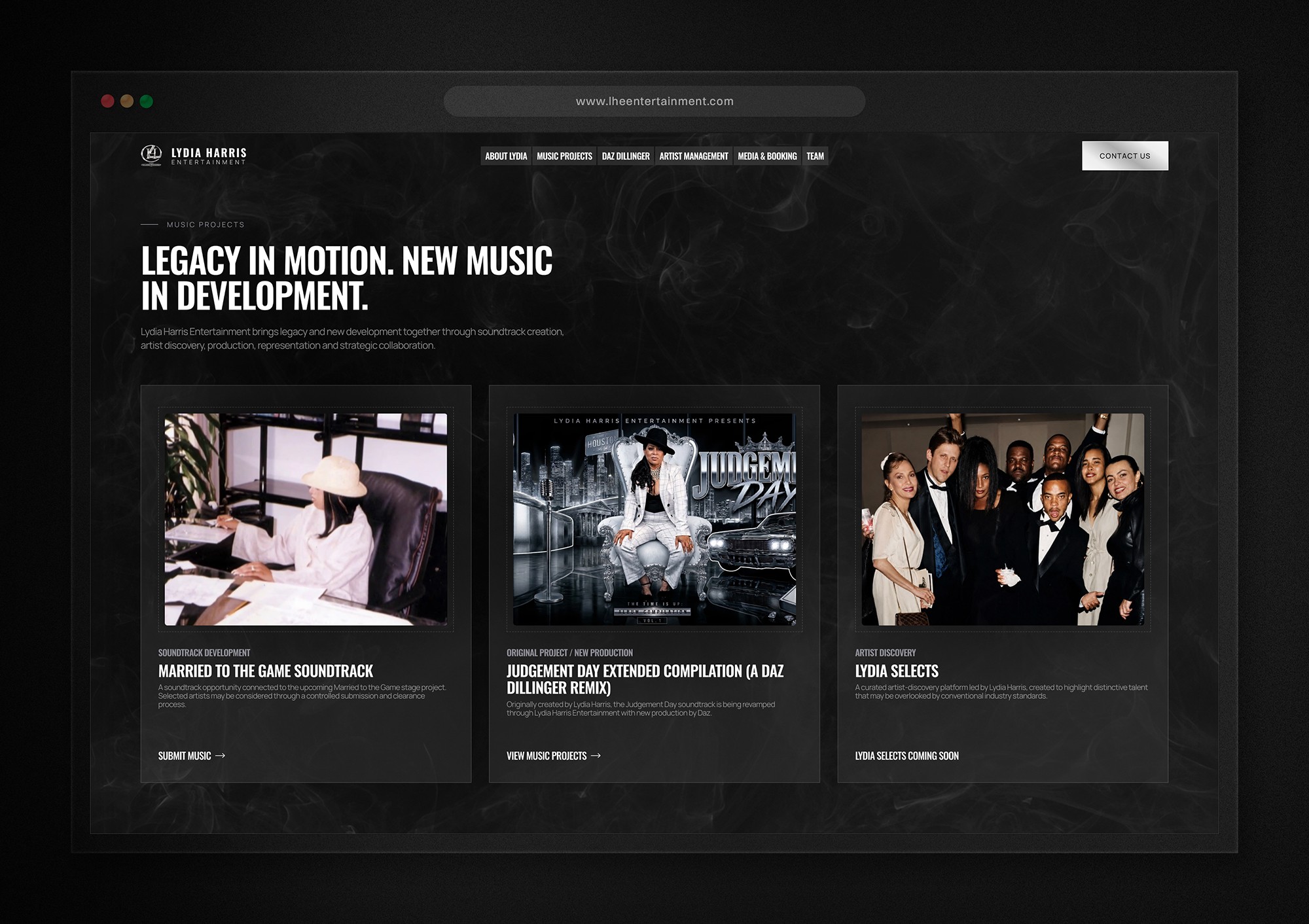 Lydia Harris Entertainment website showing music project cards for Married to the Game, Judgement Day, and Lydia Selects