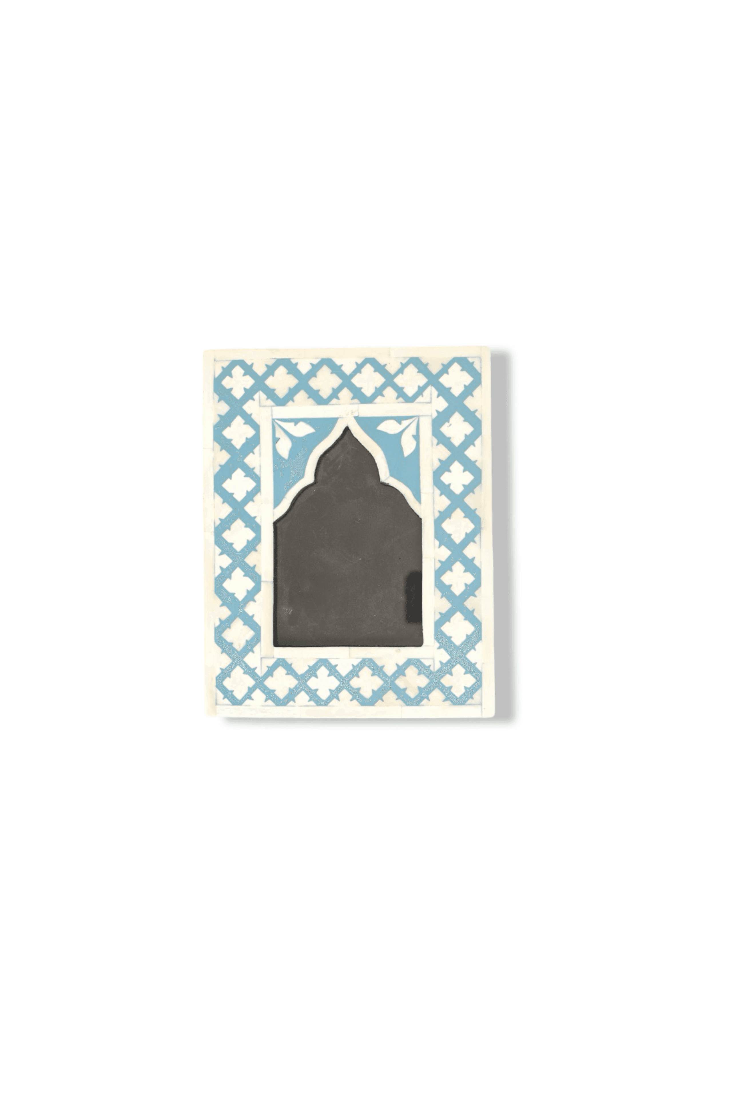 Decorative card with blue geometric pattern and black silhouette on a white background